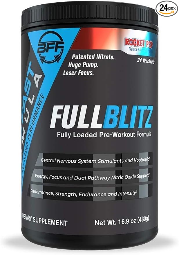 FULLBLITZ Fully Loaded Pre-Workout | Energy Booster + Huge Dual Pathway Nitric Oxide Boosting Muscle Pumps, Laser Focus & Nootropic Blend – 24 Workouts (Rocket Pop)