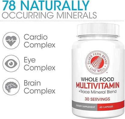 Silver Fern Whole Food Daily Multi Vitamin w/Trace Mineral Blend Supplement - 2 Bottles - 60 Vegicaps Each - 60 Day Supply - Natural, Non-GMO, Vegan, Multivitamin for Men & Women - Zero Synthetics