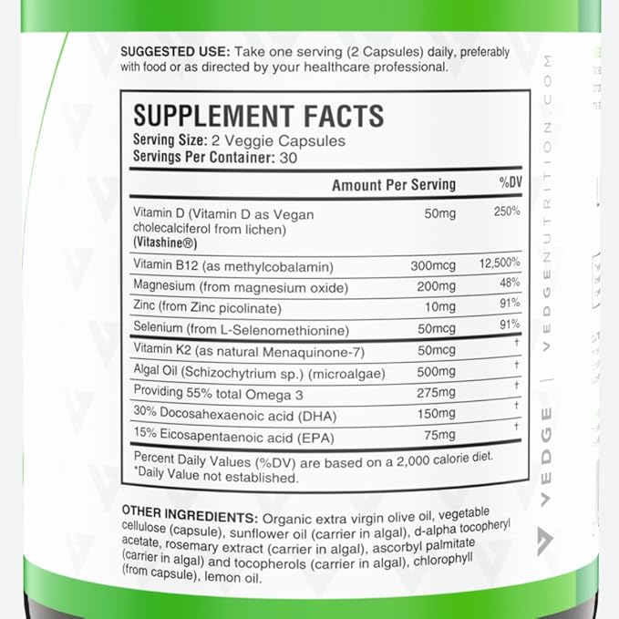 vedge Vegan Omega 3 - Daily Multivitamin Contains Vitamin D, Vitamin B12, Algal Oil for Vegan EPA & DHA - Natural Vitamins, Minerals - 30 Day Supply Nutrition Essential