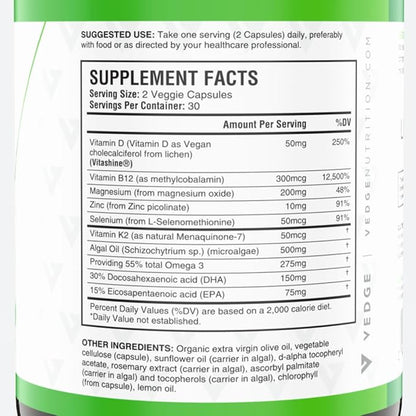 vedge Vegan Omega 3 - Daily Multivitamin Contains Vitamin D, Vitamin B12, Algal Oil for Vegan EPA & DHA - Natural Vitamins, Minerals - 30 Day Supply Nutrition Essential