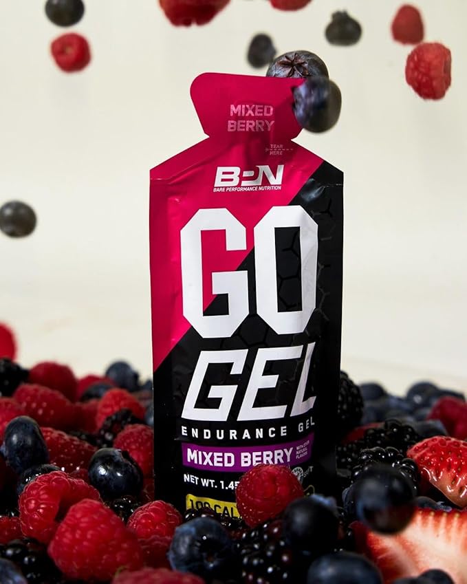 BARE PERFORMANCE NUTRITION, BPN Go Gel Endurance Gel, Vegan + Gluten Free Running Gel with 24g of Carbohydrates & 100 Calories per Gel Pack, 10 Single-Serving Gel Packs, Mixed Berry