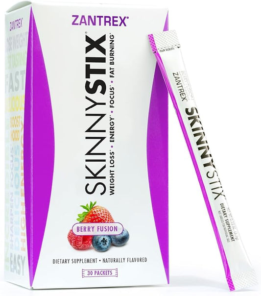 Zantrex SkinnyStix Energy Powder – Lose Weight, GLP-1, Appetite Suppressant, Boost Mood – 10 Calories – Yerba Mate, Coffee Bean – 30 Stix, Berry