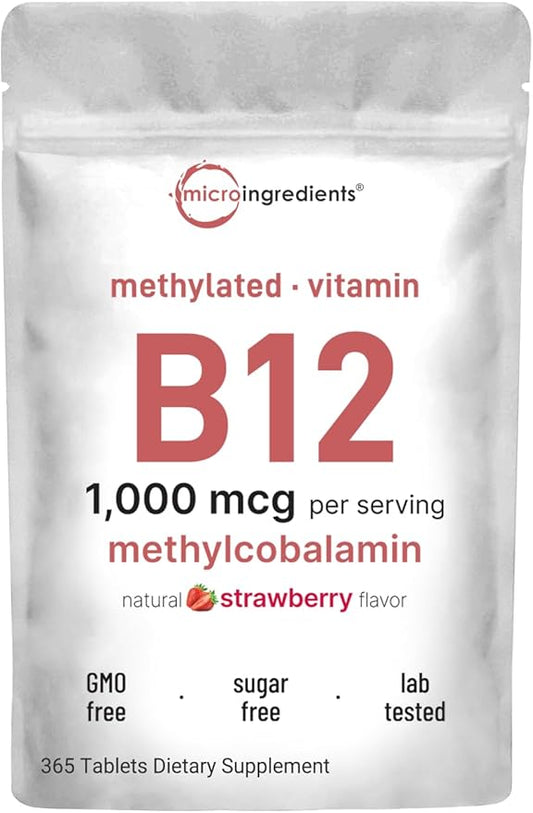 Micro Ingredients Vitamin B12 1,000mcg | Methyl B12 Active Form | 365 Chewable Tablets | Fast Dissolve, Natural Strawberry Flavor | Supports Energy Health | Vegan, Non-GMO, Gluten Free