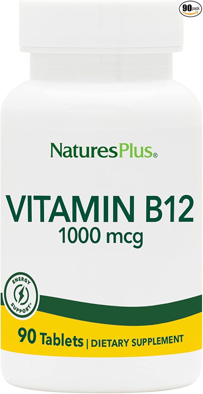 NaturesPlus Vitamin B12 (Methylcobalamin) - 1000 mcg, 90 Vegetarian Tablets - High Potency Red Blood Cell Support - Natural Energy Booster, Promotes Overall Health - Gluten-Free - 90 Servings