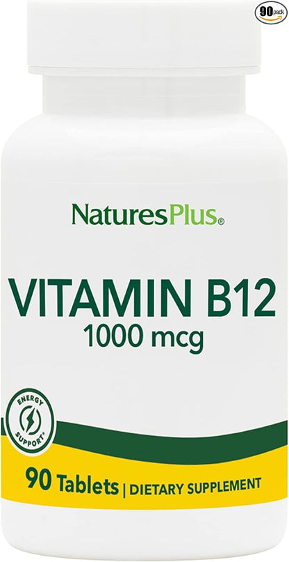NaturesPlus Vitamin B12 (Methylcobalamin) - 1000 mcg, 90 Vegetarian Tablets - High Potency Red Blood Cell Support - Natural Energy Booster, Promotes Overall Health - Gluten-Free - 90 Servings
