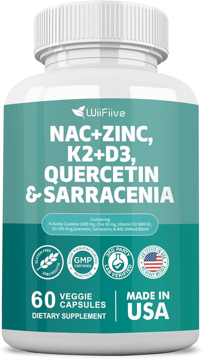 NAC Supplement N-Acetyl Cysteine NAC 1000mg Zinc Blend 50mg k2 100mcg Vitamin D3 5000 IU N-Acetyl Cysteine 1000mg Quercetin 1000mg Sarracenia Purpurea 1000mg L-Lysine Supplement, 60 Count