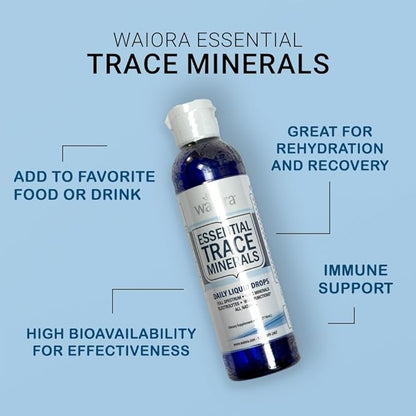 Waiora Essential Trace Minerals | Help Replenish Key Trace Minerals | 60+ Ionic Trace Minerals | Support Body’s Essential Functions, pH Balance | Plus Electrolytes for Hydration (4 Bott /192 serv)