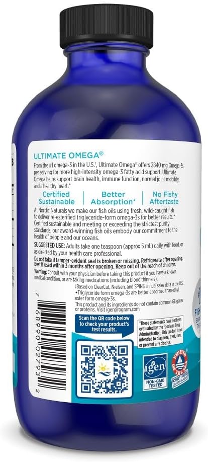Nordic Naturals Ultimate Omega Liquid, Lemon Flavor - 8 oz - 2840 mg Omega-3 - High-Potency Omega-3 Fish Oil Supplement with EPA & DHA - Promotes Brain & Heart Health - Non-GMO - 48 Servings