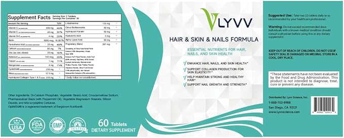 LYVV Hair&Skin&Nails Formula with Collagen, Keratin, Hyaluronic Acid, Antioxidants, Methionine, Biotin, Vitamin C, VItamine E and More - 60 Capsules