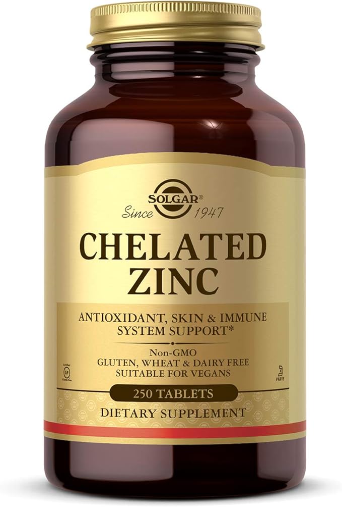 Solgar Chelated Zinc, 250 Tablets - Zinc for Healthy Skin - Supports Cell Growth & DNA Formation - Exerts Antioxidant Activity - Supports A Healthy Immune System - Non GMO, Vegan - 250 Servings