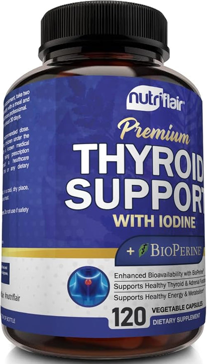 NutriFlair Thyroid Support Complex, 120 Capsules - with Iodine, Black Pepper, Ashwagandha, Vitamin B12 - Thyroid Supplement for Women and Men