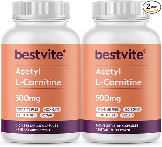 BESTVITE Acetyl L-Carnitine 500mg (480 Vegetarian Capsules) (240 x 2) - No Stearates - Vegan - Non GMO - Gluten Free