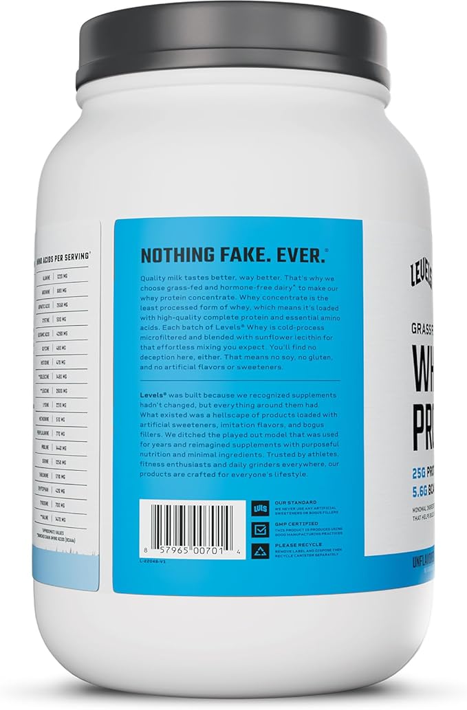 Levels Grass Fed Whey Protein Powder, No Artificials, 25G of Protein, Unflavored, 2LB