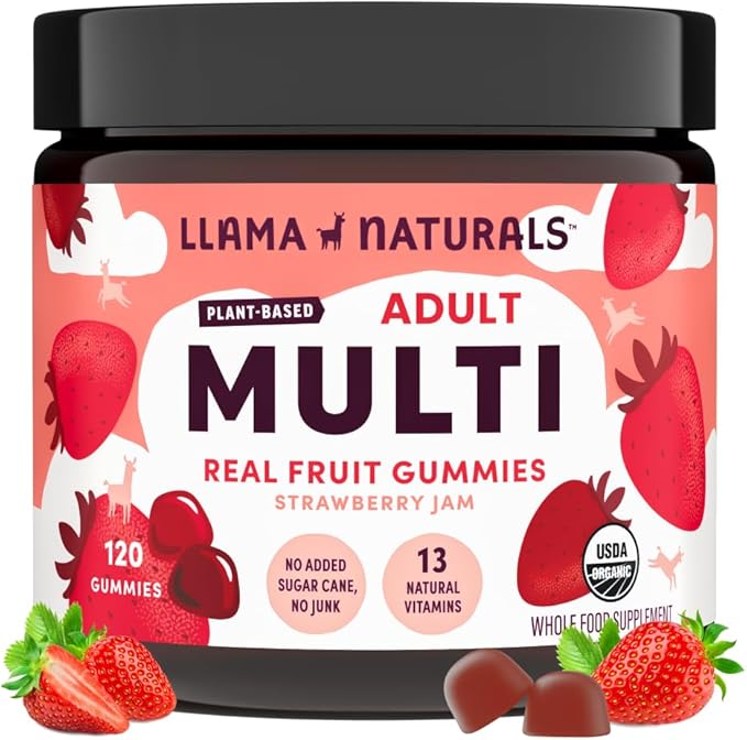 Llama Naturals Real Fruit Gummy Vitamins for Adults, No Added Sugar Cane, Whole Food Multivitamin Gummies for Women and Men, Vegan, Organic, Plant Based, Chewable, 120 Count (30 Day Supply) Strawberry