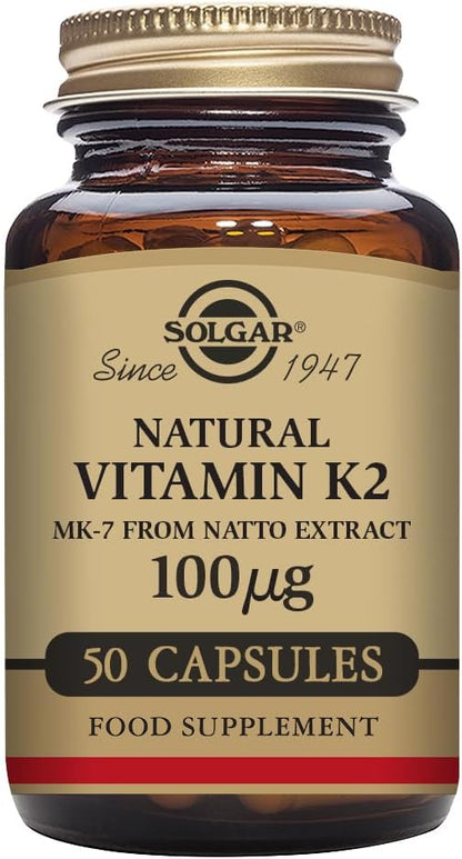 Solgar Vitamin K2 MK7 100mcg Vegetable Capsules Supports Bone Health Natural Whole Food Source from Natto Extract NonGMO Gluten Free Servings, Original, 50 Count