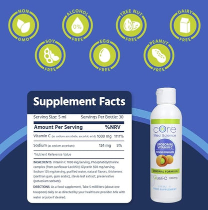 Core Med Science Liposomal Vitamin C 1000mg Liquid - Original Formula, 5 Fl Oz - Natural Liposomal Vitamin C Supplement Non-GMO - Immune System Booster for Adults - Supports Collagen Formation