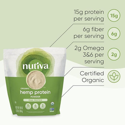 Nutiva Organic Cold-Pressed Raw Hemp Seed Protein Powder, Peak Protein, 3 Pound, USDA Organic, Non-GMO, Whole 30 Approved, Vegan, Gluten-Free & Keto, Plant Protein with Essential Amino Acids