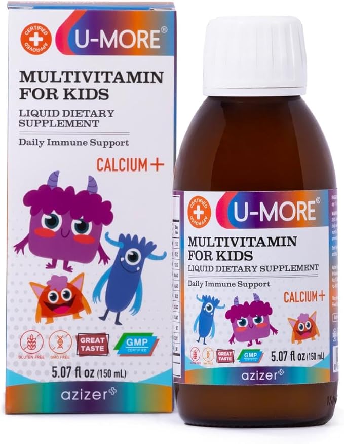 U-MORE Children's Multivitamin Syrup with Calcium, Vitamins C, B3, E, B5, Zinc, B2, B1, B6, A, D - Energy & Immune Support - 5.07 fl oz
