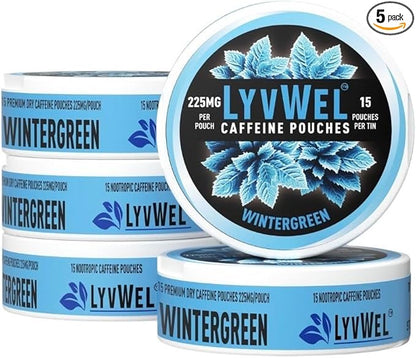 225mg Caffeine Energy Pouches | Nootropic Focus & Neuro Support | Tobacco-Free, Nicotine-Free, Quick Energy Solution | 5-Pack: 60 Pouches (5 Pack, Wintergreen)
