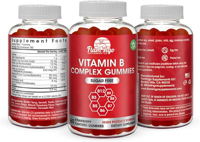 Sugar Free Vitamin B Complex Gummies - Vitamin B12, B7, B6, B3 (Niacin), B5, B8, B9 (Folate)- Third Party Tested- Prenatal, Vegan Diet, Older Adults - B Complex Vitamin Supplement- 60 Gummy Bottle