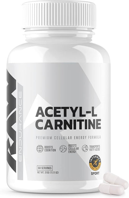 RAW Acetyl L-Carnitine Supplement, 500mg - Premium Cellular Energy Formula Boosts Cognition - Natural Energy Pills for Fatigue, Reduce Muscle Damage & Promotes Repair - 60 Capsules