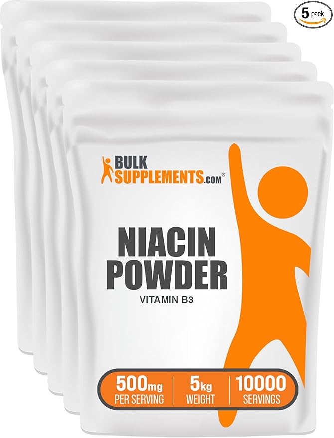 BulkSupplements.com Niacin Powder - Vitamin B3 Supplement, Niacin 500mg - Niacin Flush, Niacin with Flushing - Gluten Free, 500mg of Niacin per Serving, 5kg (11 lbs) (Pack of 5)