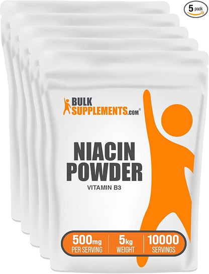 BulkSupplements.com Niacin Powder - Vitamin B3 Supplement, Niacin 500mg - Niacin Flush, Niacin with Flushing - Gluten Free, 500mg of Niacin per Serving, 5kg (11 lbs) (Pack of 5)
