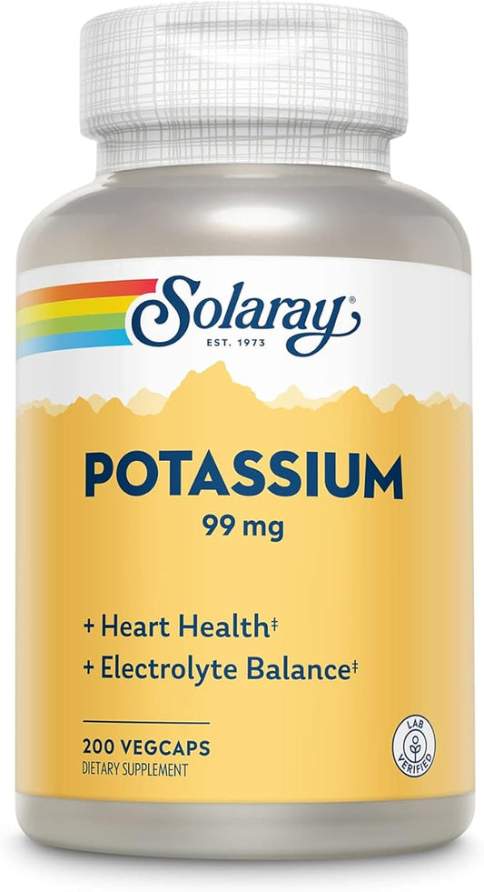 Solaray Potassium 99 mg - Electrolyte Balance Formula - Potassium Supplement for Electrolytes, Vascular and Heart Health Support - 60-Day Money Back Guarantee, Lab Verified, 200 Servings, 200 VegCaps