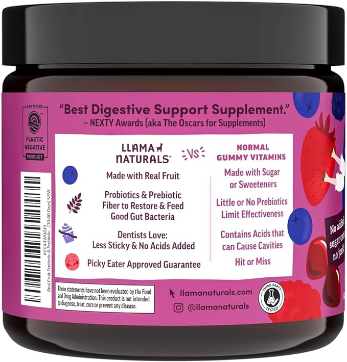 Llama Naturals Real Fruit Prebiotic & Probiotic Kids Gummies, No Added Sugar Cane, Children Digestion, Toddler Tummy Aches, Gut Health, 2B CFU, Mixed Berry, 120 ct (60-120 Days)
