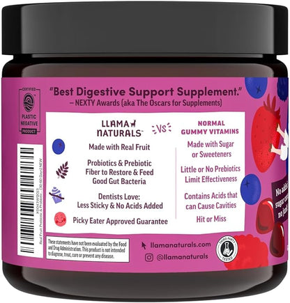 Llama Naturals Real Fruit Prebiotic & Probiotic Kids Gummies, No Added Sugar Cane, Children Digestion, Toddler Tummy Aches, Gut Health, 2B CFU, Mixed Berry, 120 ct (60-120 Days)