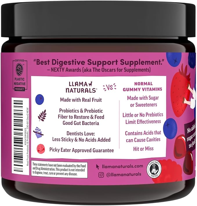 Llama Naturals Prebiotics and Probiotics for Kids, Real Fruit Gummy Vitamins, Probiotic Gummies with Prebiotic Fiber for Gut Health Support, No Sugar Added, Mixed Berry, 60 Ct (30-60 Day Supply)