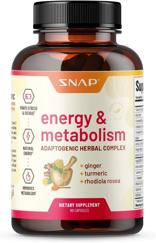 Metabolism and Natural Energy Supplements for Fatigue, Stress Relief, Energy Booster & Better Mood, Energy Pills for Women & Men, Ginger, Turmeric, Rhodiola Rosea, 60 Capsules
