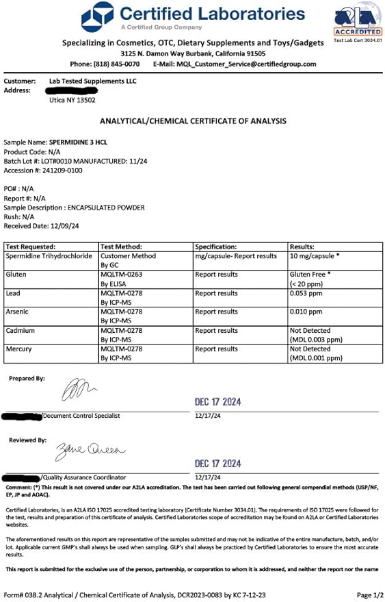 Spermidine 3HCL Supplement - 120 10mg Capsules - 3rd Party COA's provided with Every lot# - Spermidine Trihydrochloride