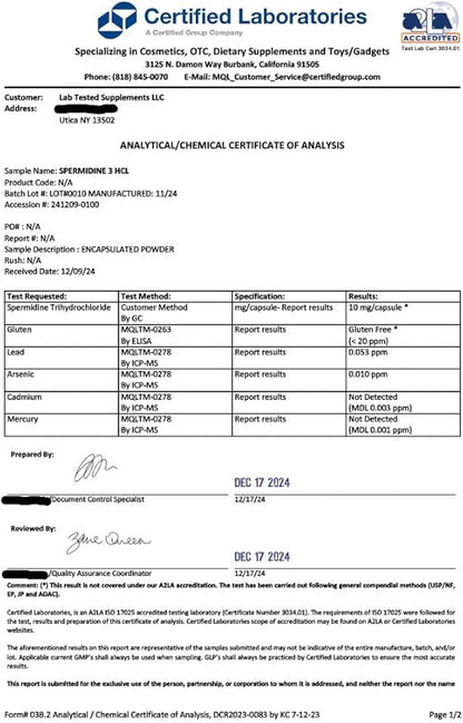 Spermidine 3HCL Supplement - 120 10mg Capsules - 3rd Party COA's provided with Every lot# - Spermidine Trihydrochloride