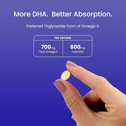 Prenatal DHA for Women 600mg + 400 IU Vitamin D3 | 120 Softgels | Supports Brain Health | Triglyceride Omega 3 Fish Oil DHA Prenatal Vitamins for Pregnancy & Nursing | 300mg per Capsule