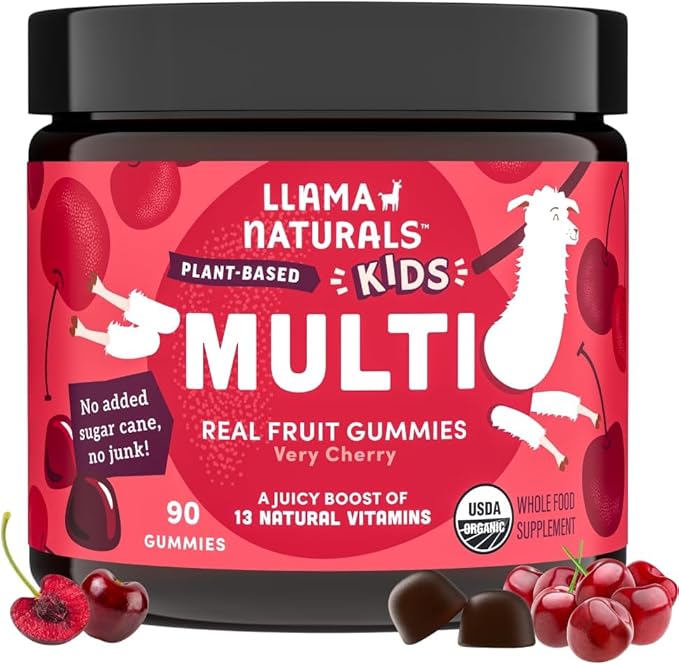 Llama Naturals Real Fruit Gummy Vitamins for Kids, No Added Sugar Cane or Sweeteners, Whole Food Multivitamin, Vegan Toddler Gummies, Plant Based, Organic, Chewable 90 ct (30-60 Days) Cherry