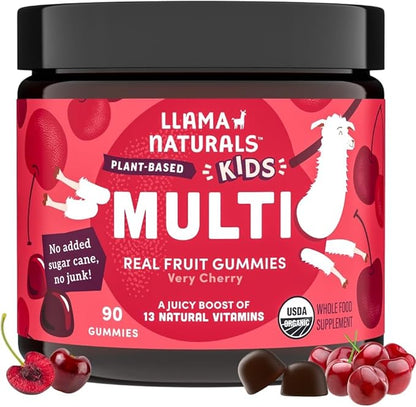 Llama Naturals Real Fruit Gummy Vitamins for Kids, No Added Sugar Cane or Sweeteners, Whole Food Multivitamin, Vegan Toddler Gummies, Plant Based, Organic, Chewable 90 ct (30-60 Days) Cherry