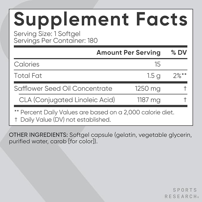 Sports Research CLA - 1250mg with Active Conjugated Linoleic Acid for Men and Women | Non-GMO, Soy & Gluten Free - 95% (180 Softgels)…