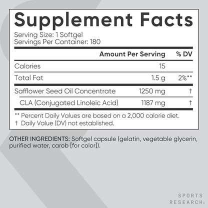 Sports Research CLA - 1250mg with Active Conjugated Linoleic Acid for Men and Women | Non-GMO, Soy & Gluten Free - 95% (180 Softgels)…