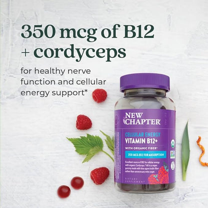 New Chapter® Organic Vitamin B12+ Gummies – 44% Less Sugar§, USDA Organic Vegan B12, Two Daily Gummies for Cellular Energy Support with Cordyceps, Non-GMO, Gluten Free, Raspberry Flavored, 60ct