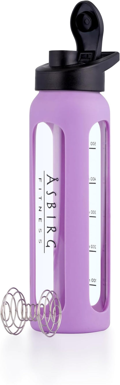 Fitness | Protein Shaker Made of Glass | Protein Shaker | Drinking Bottle | with Spiral Ball | Black (pastel purple)