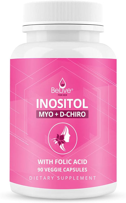 BeLive Myo-Inositol & D-Chiro Inositol Capsules - 90Ct I Inositol Supplement with Folic Acid Supplements for Woman, Optimal 40:1 Ratio - 2 Pack