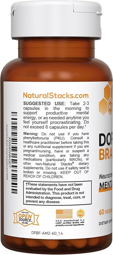 NATURAL STACKS Dopamine Focus Supplement w/L-Tyrosine - Promotes Mental Drive, Clarity & Focus - Dopamine Brain Food Supplement - Supports Mental Energy - 120 Capsules
