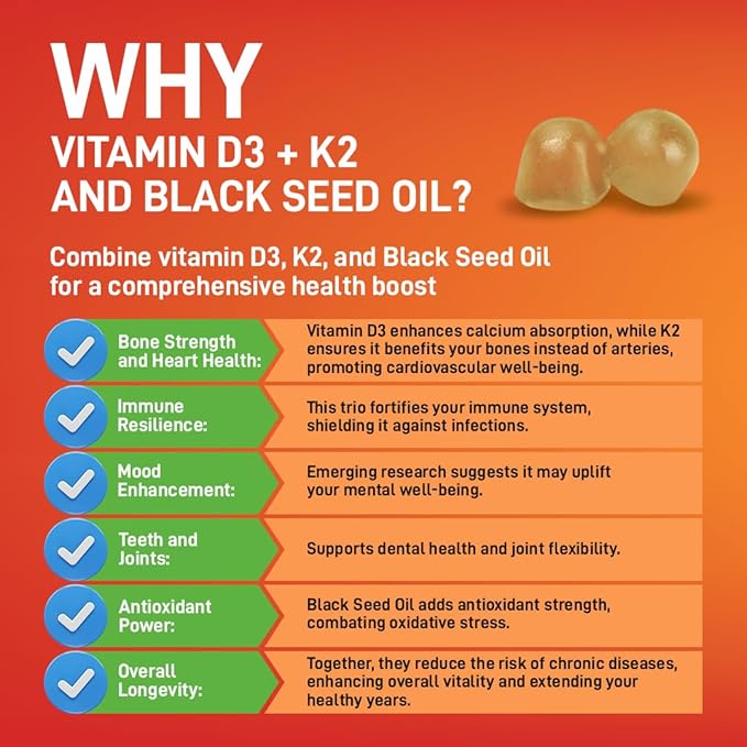 Sakoon nutrition 5000 IU Vitamin D3 K2 Vitamin Supplement with Black Seed Oil for Bone, Teeth, Muscle, and Immune Defense Support, Non-GMO and Gluten Free, 60 Gummy Chewables