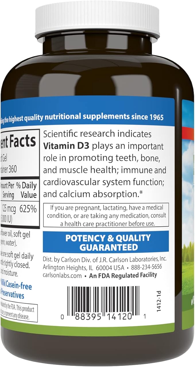 Carlson - Vitamin D3 5000 IU (125 mcg), Bone Health, Muscle Health, Cholecalciferol, Vitamin D Supplements, Vitamin D3 Soft Gels, 360 Softgels