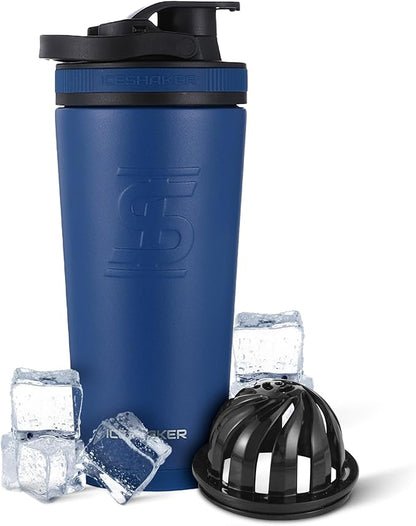 Ice Shaker Insulated Stainless Steel Shaker Bottle | 26oz, Navy | Cold for 30+ Hours | Insulated Cup with Twist-on Agitator | Odor-Free Shaker Cup for Protein Shakes, Water, Smoothies, Cocktails