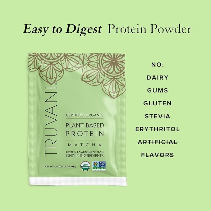 Truvani Vegan Pea Protein Powder | Matcha | 20g Organic Plant Based Protein | 10 Travel Packets | Keto | Gluten & Dairy Free | Low Carb | No Added Sugar