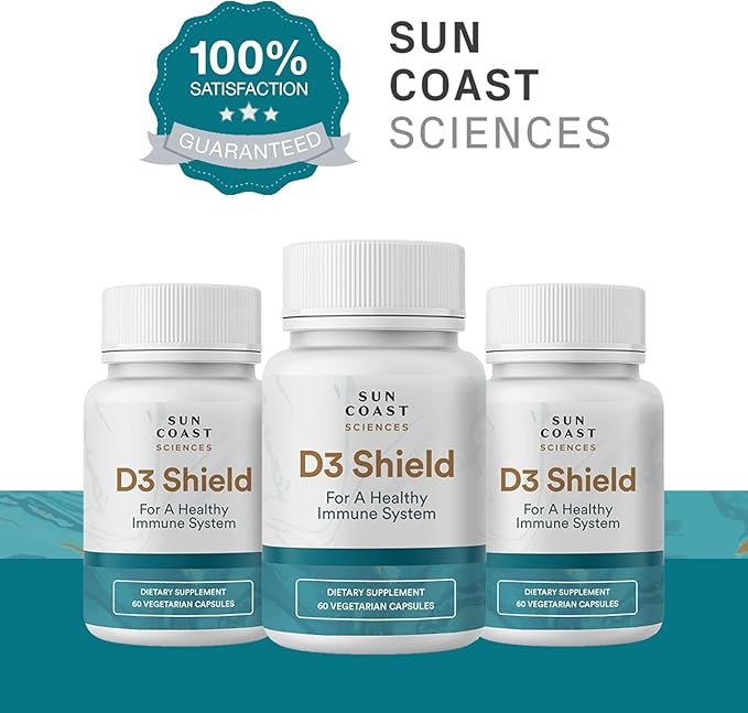 Sun Coast Science Sciences D3 Shield - Vitamin D3 5000 IU for Immune Support and Bone Health 60 Vegetarian Capsules K2 with 180mg Calcium Carbonate Maximum Absorption