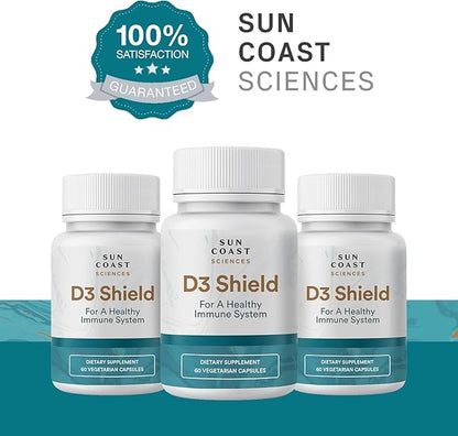 Sun Coast Science Sciences D3 Shield - Vitamin D3 5000 IU for Immune Support and Bone Health 60 Vegetarian Capsules K2 with 180mg Calcium Carbonate Maximum Absorption