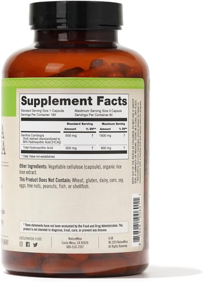 Naturewise Garcinia Cambogia - 60% HCA Concentration Extract, Natural Support for Weight Goals and Energy Levels - Vegan, Non-GMO, Gluten Free - 180 Capsules[2-6 Month Supply]
